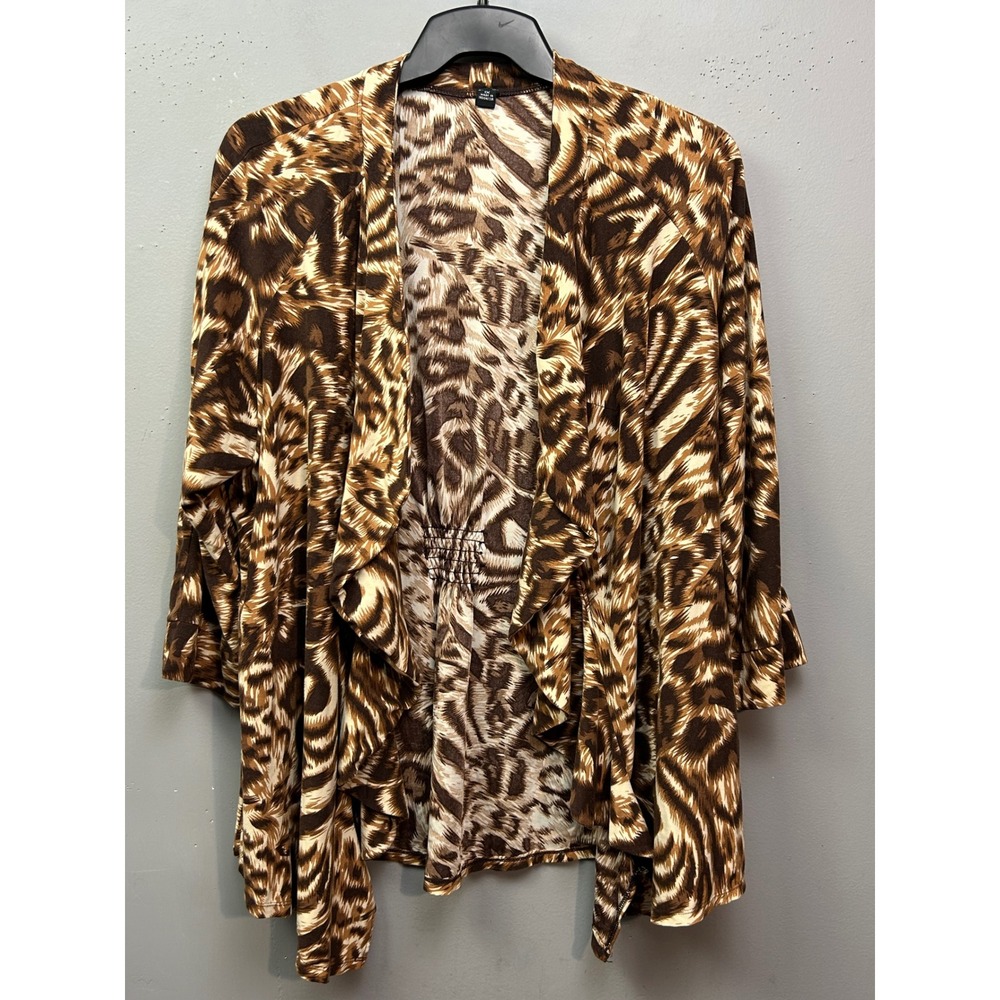Animal Print Cardigan Womens 1X Brown Leopard Print Open Front Draped Ruffle Top